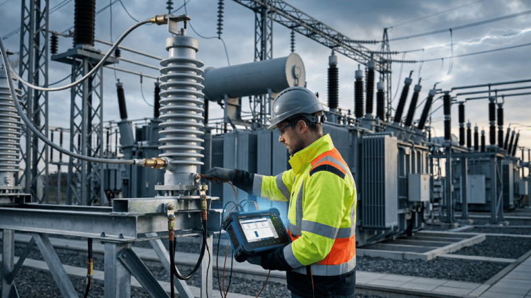 Technician performing high-voltage transformer testing at an electrical substation